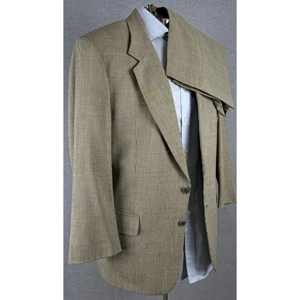 Valentino Uomo Mens 2 Piece Suit 42R 36x25.5 Tan‎ Houndstooth Blazer Pleated 80s